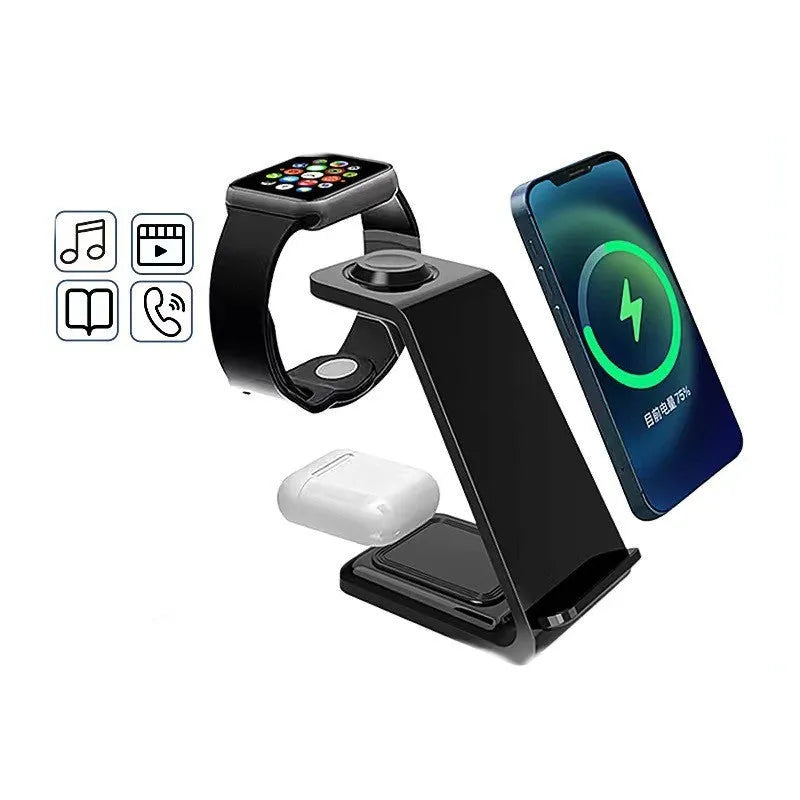 White 3-in-1 upright wireless charging stand holding a mobile phone in portrait mode on a desk.