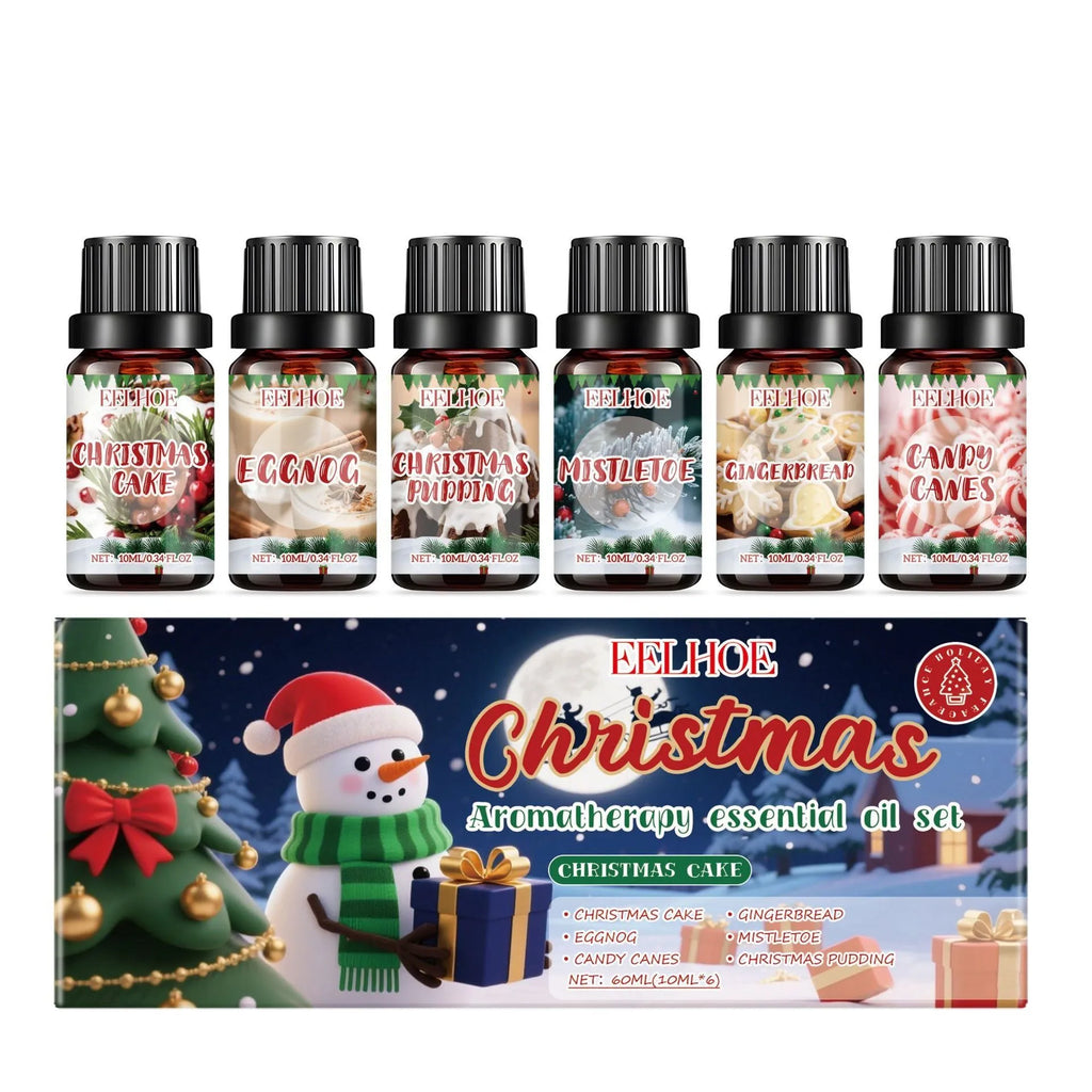 Christmas aromatherapy oil diffuser set showing six 60ml bottles and reed sticks for home fragrance