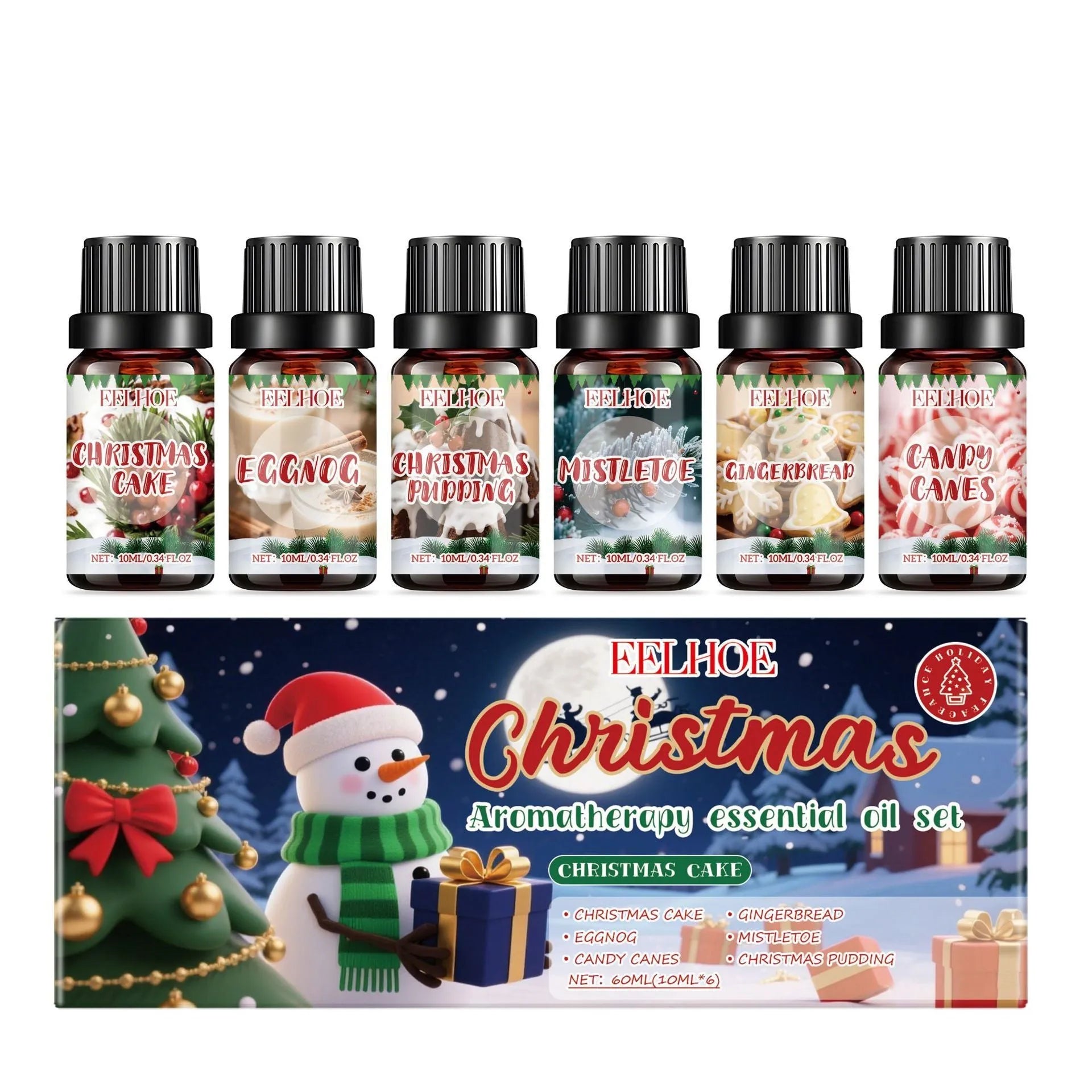 Christmas aromatherapy oil diffuser set showing six 60ml bottles and reed sticks for home fragrance