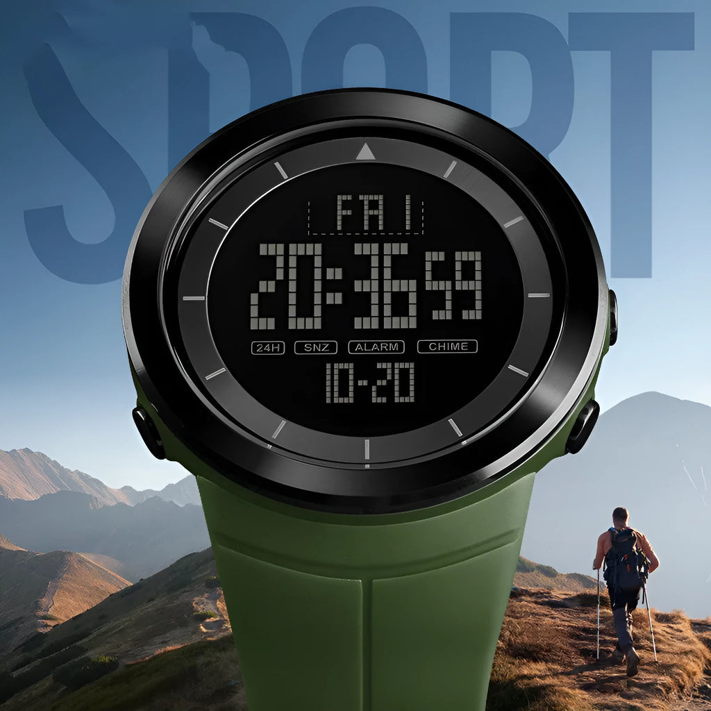 Outdoor sports watch with luminous digital display, PU strap, and 50m water resistance in black colour on wrist