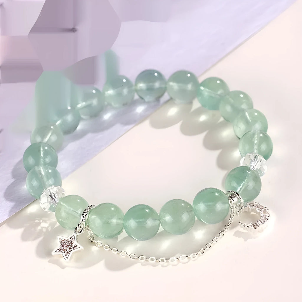 Green fluorite and white crystal bracelet with star moon princess design and electroplated metallic finish