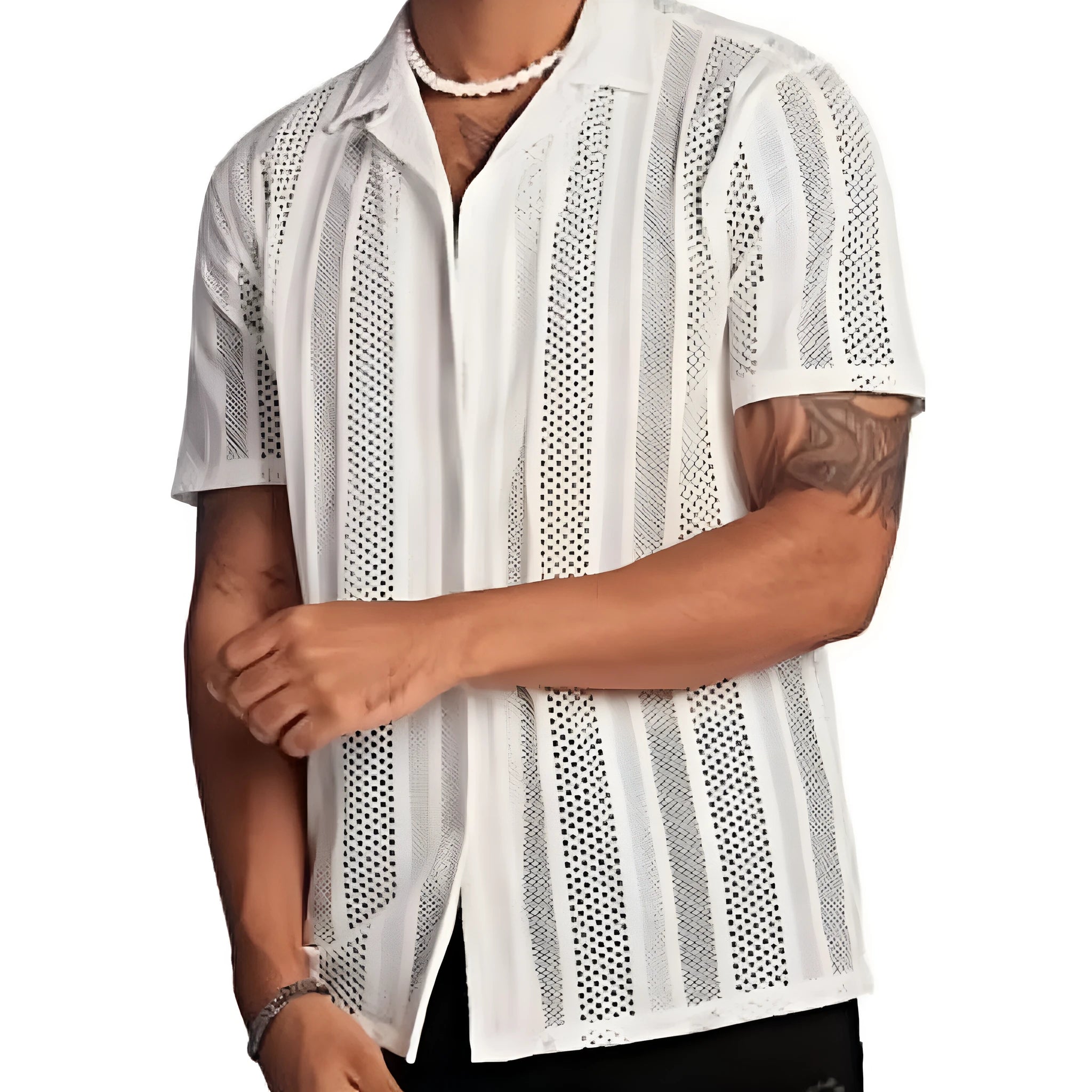 Men's knitted short-sleeve button shirt in black with a cardigan style front.