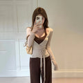 Brown polyester three-piece set with cardigan tank top and wide-leg pants on model