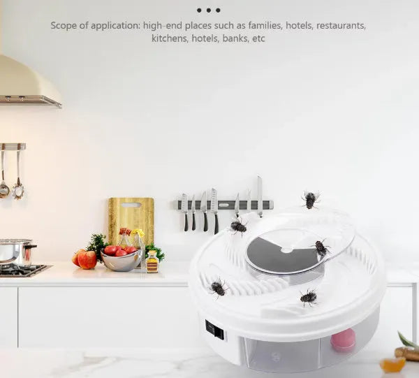 White USB electric fly trap with automatic fan, compact PP plastic body, 20 square metre coverage