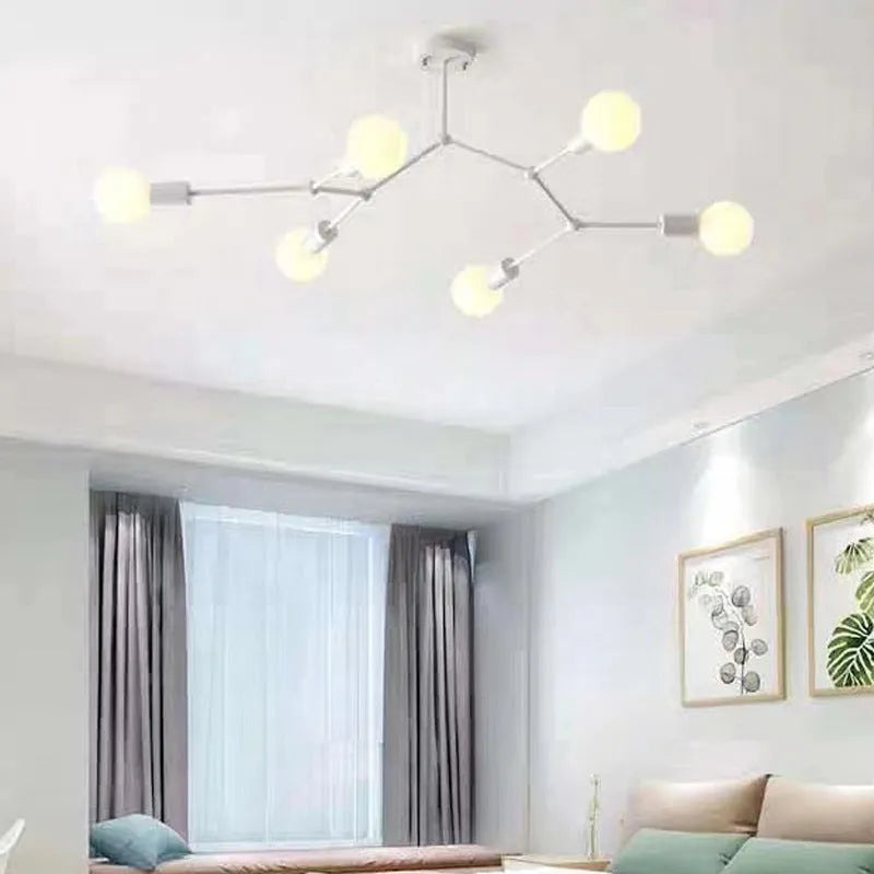 Nordic style iron chandelier ceiling lamp with multiple light heads in black or white.