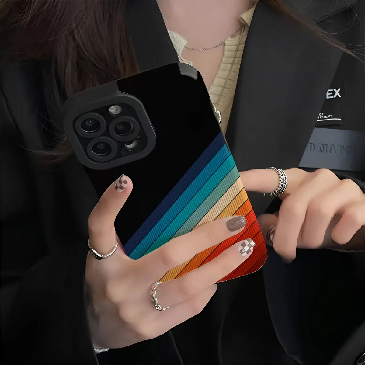 Imitation leather iPhone case with metal stamping stripe line pattern in Flower, Rainbow, or Zebra stripe colour.