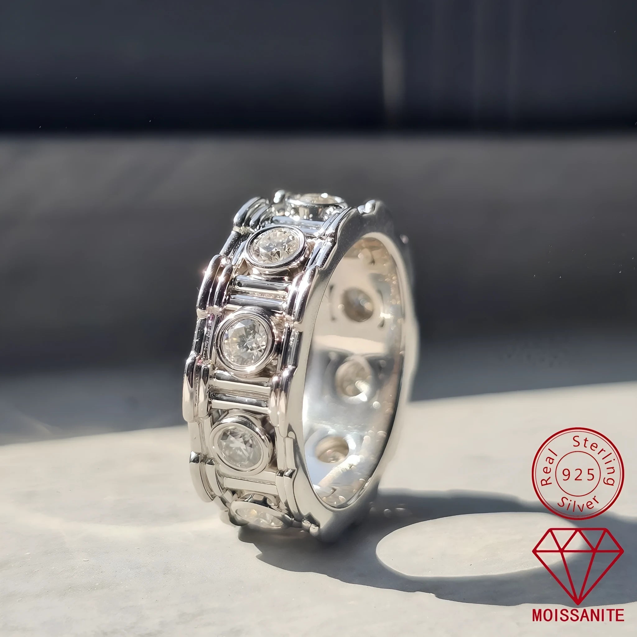 Roman column design 925 silver moissanite ring for women platinum colour electroplated finish