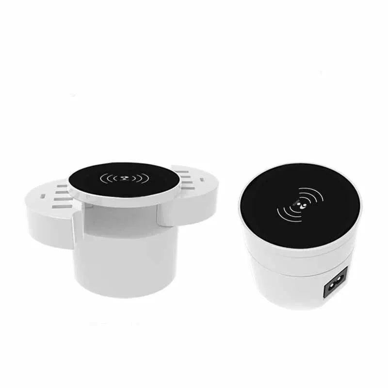 Ceramic white circular wireless charger with multiple ports, adapters for EU UK US outlets, and 1.5 metre cable