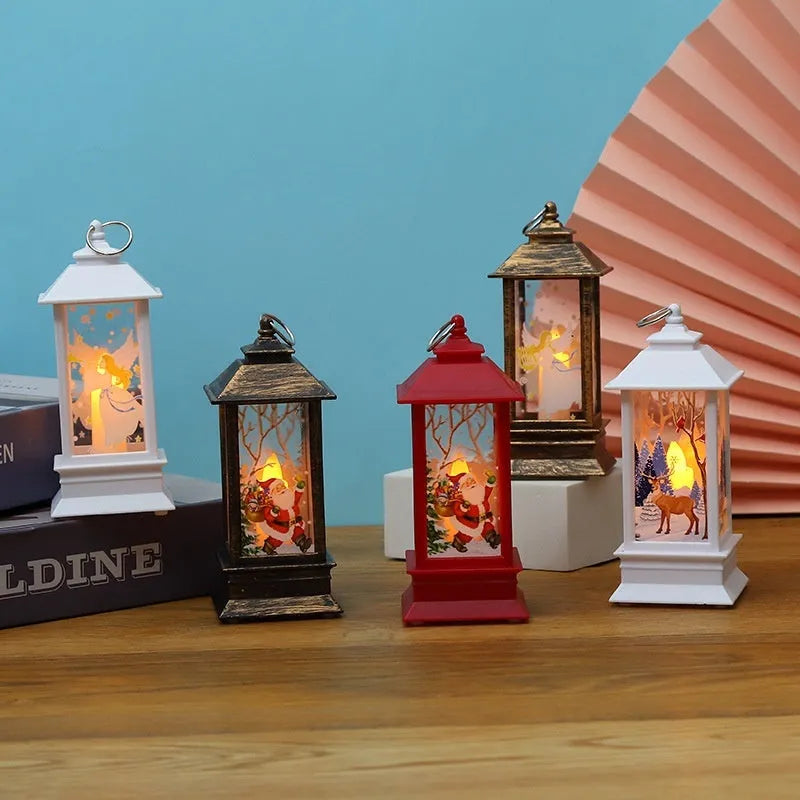 Small plastic Christmas portable oil lamp with Santa Claus figure, battery powered LED night light, hanging lantern design