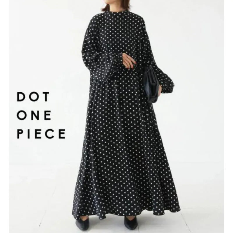 Plus size polka dot long sleeve Korean satin dress with flounced skirt and lantern sleeves in polka dot colour