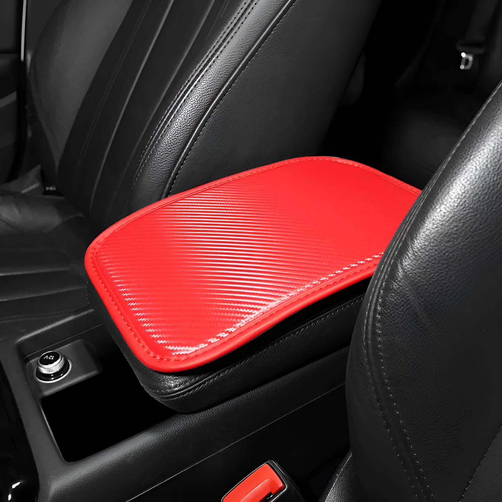 Leather carbon fibre pattern armrest mat for car centre console measuring 29 by 19 centimetres