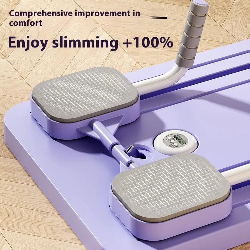 Purple automatic rebound abdominal exercise wheel on a grey floor for home fitness training.