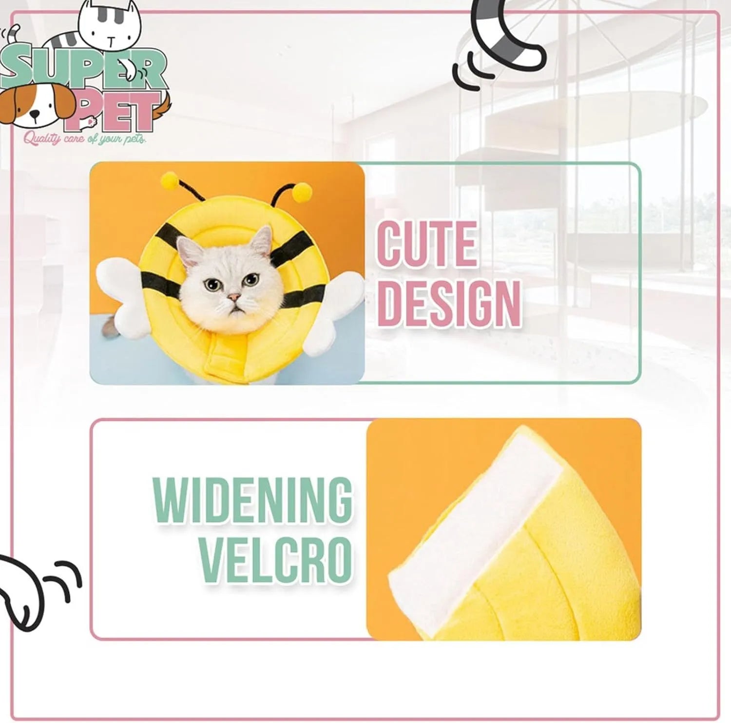 Soft bee-shaped cat cone collar with Velcro closure in adjustable sizes for post-surgery recovery