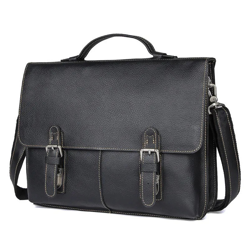 Men's retro cowhide leather business briefcase in black with adjustable shoulder strap, 38cm length