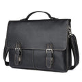 Men's retro cowhide leather business briefcase in black with adjustable shoulder strap, 38cm length