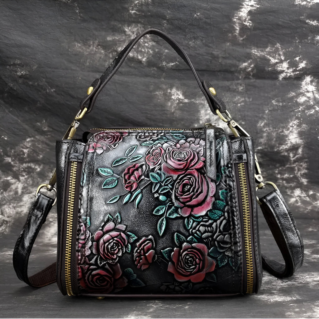 Genuine leather women's shoulder bag in square vertical design with multiple interior compartments