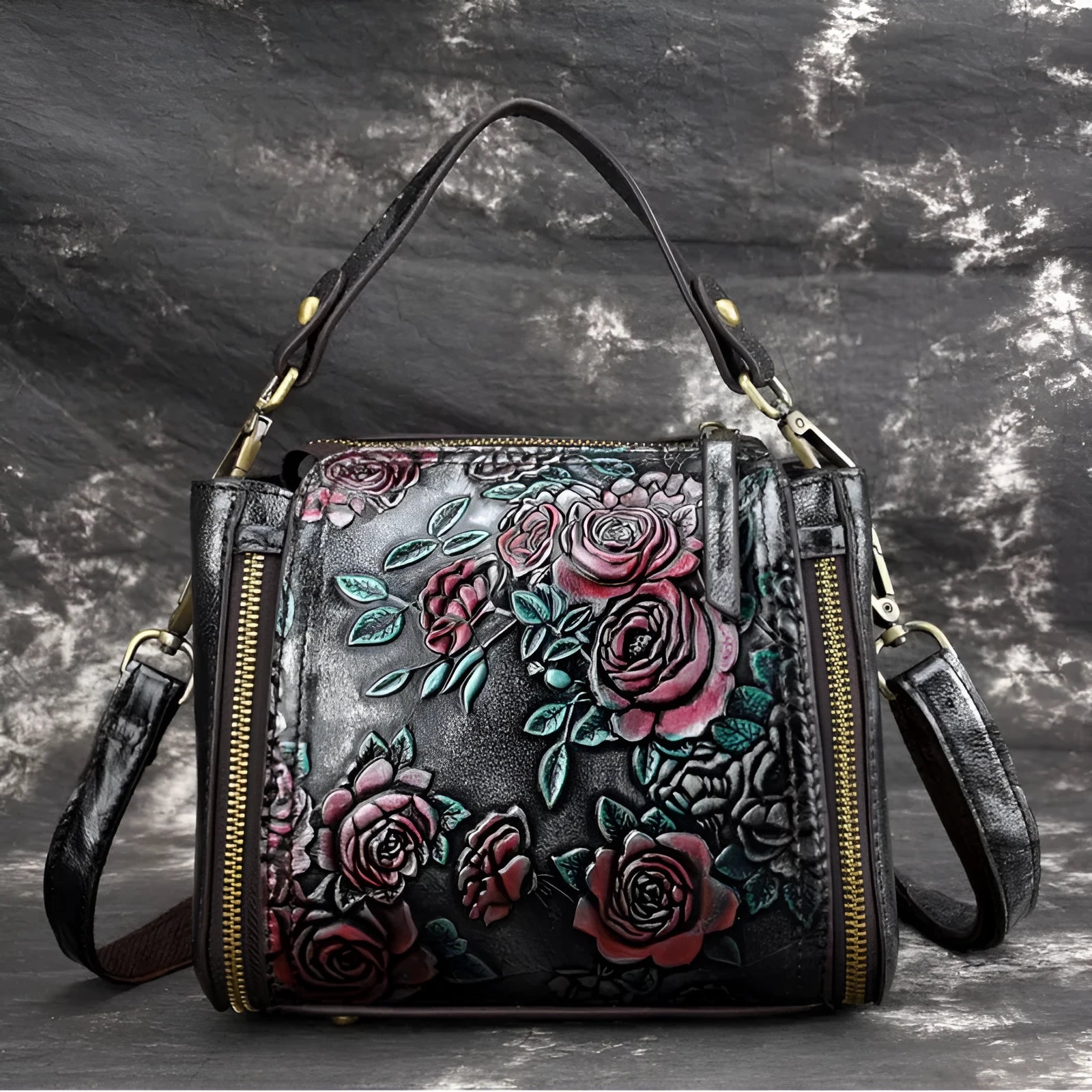 Genuine leather women's shoulder bag in square vertical design with multiple interior compartments