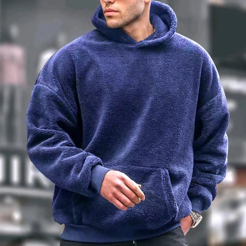 Men's lamb wool fleece-lined hooded sweater in solid colour with patch pockets, loose fit, available in white black navy blue