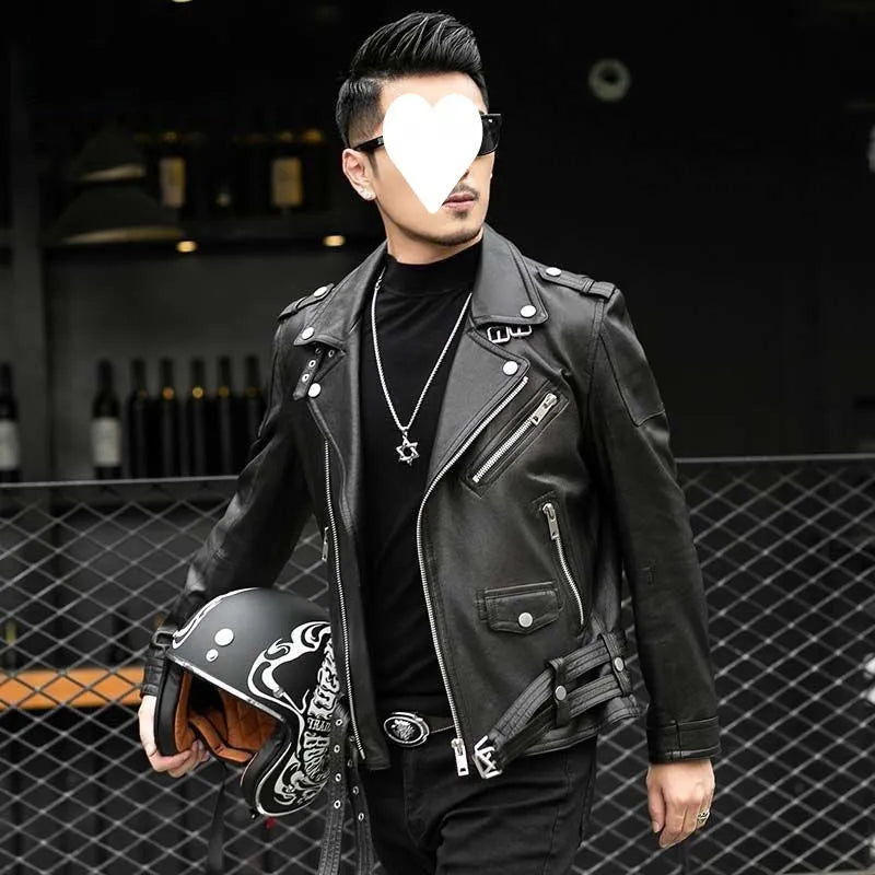 Men's black sheepskin leather jacket with lapel collar and front zipper, loose fit, shown on a model.