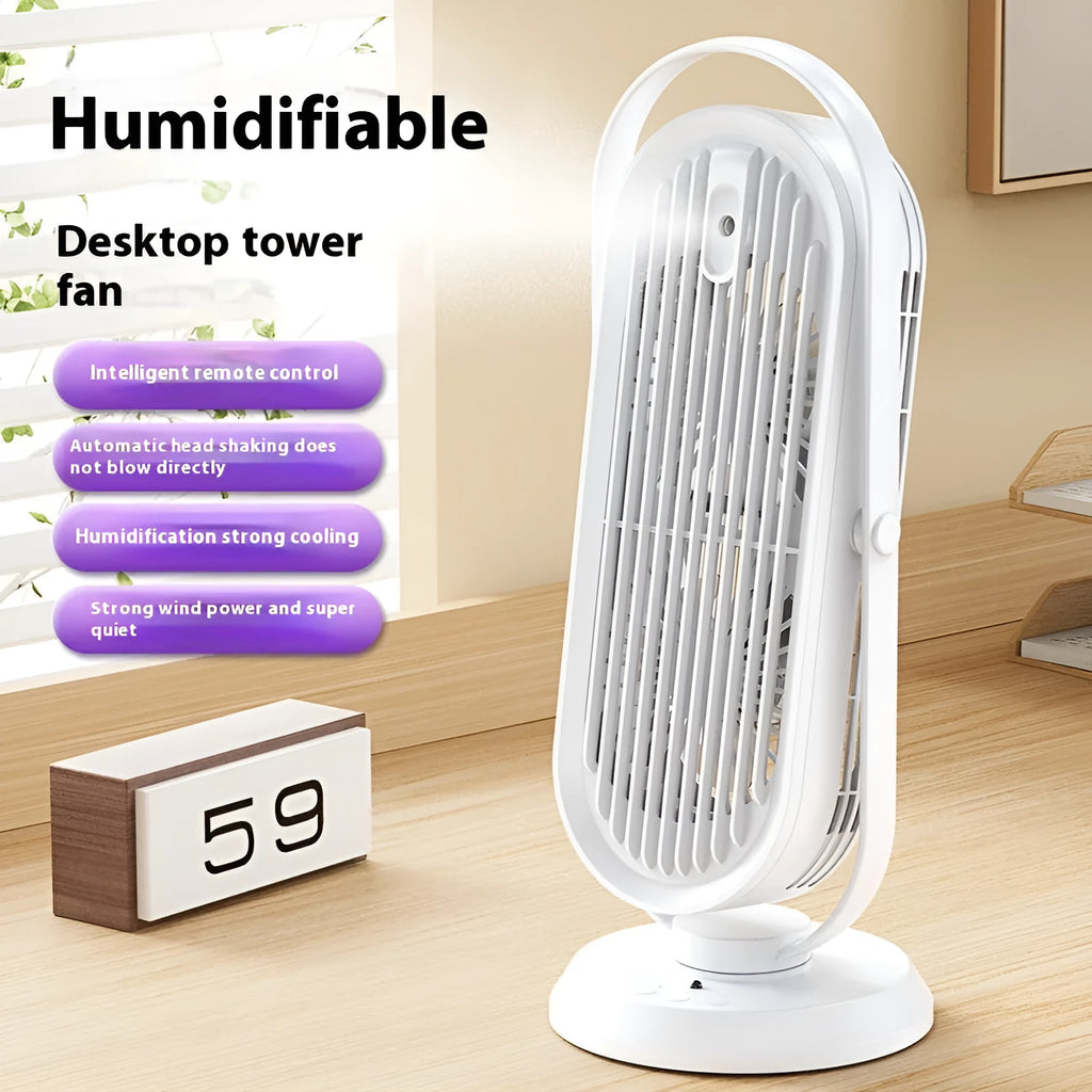 White USB tower fan with remote control on a wooden desk