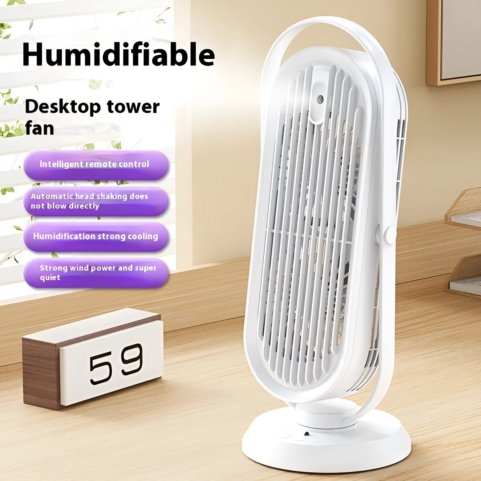 White USB tower fan with remote control on a wooden desk