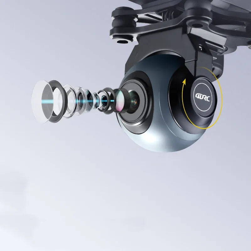 GPS remote control quadrocopter aircraft with dual cameras, spare blades, and handle controller on a table.