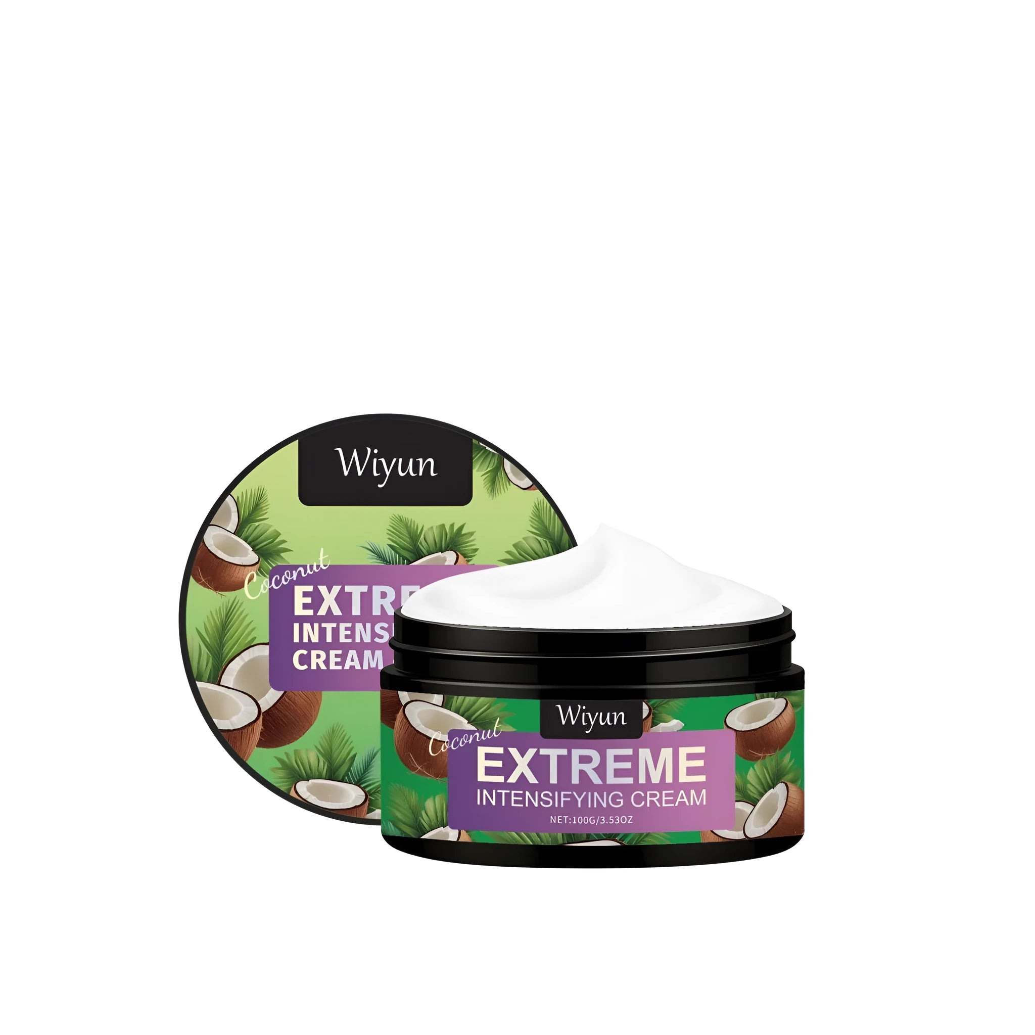Coconut flavour hair intensifying cream gel in a tub with caramel colour.