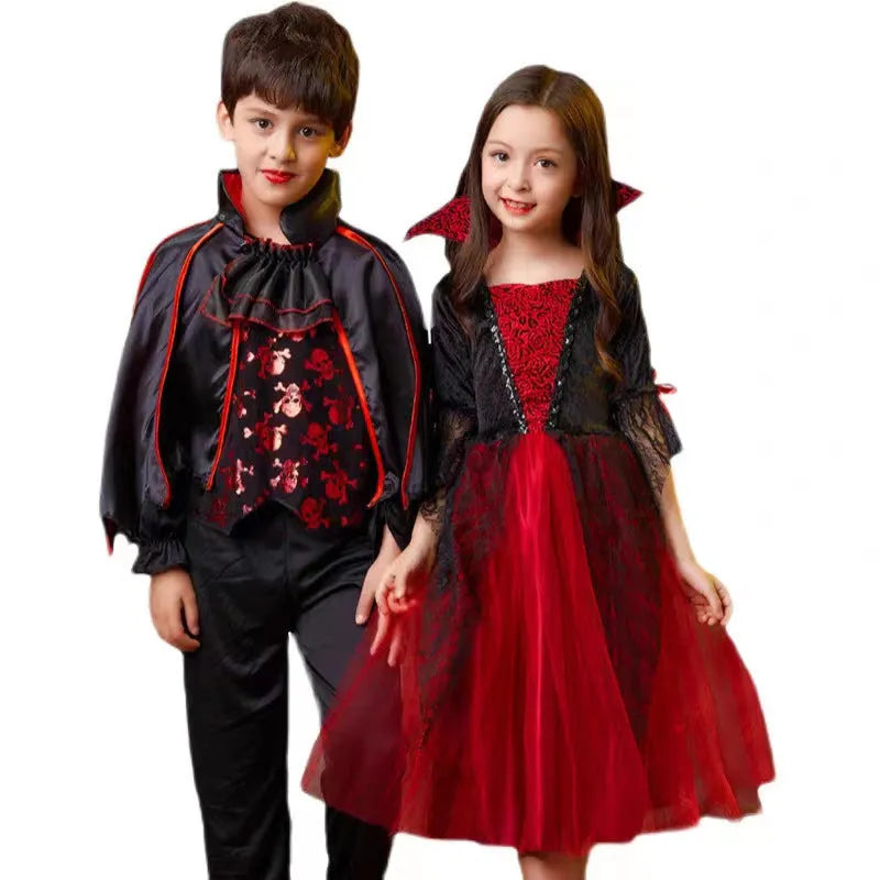 Children's Halloween witch costume suit in polyester fibre with cape and dress options, multiple sizes from 90cm to 170cm