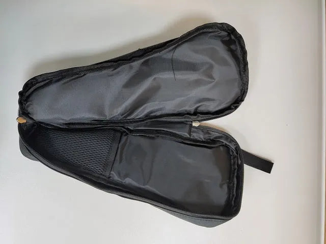 Black water-resistant cloth storage bag for a mobile phone gimbal, shown open to reveal padded interior and organisation compartments.