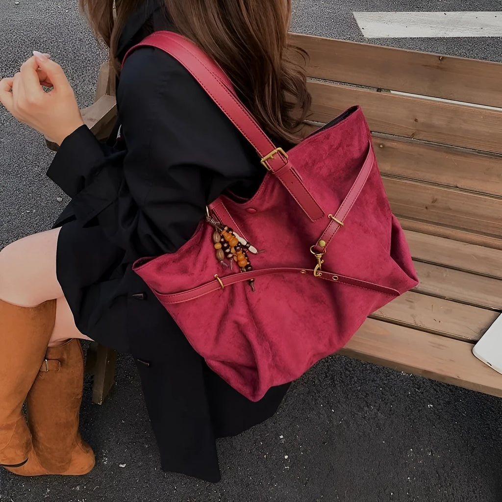 Retro large capacity women's shoulder bag in soft PU with sewing thread detail, shown in wine red, black, brown, and coffee.