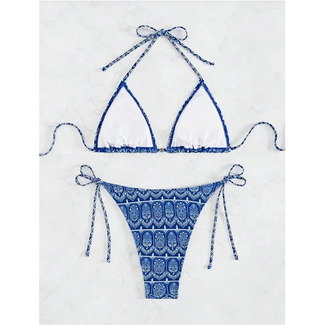 Women's bandage style split bikini swimsuit with stitching and printing details in multiple colour options