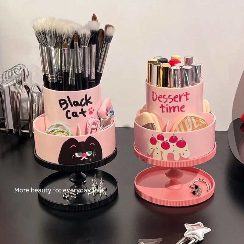 Rotating beige cosmetic brush storage barrel with 18-litre capacity on a table.