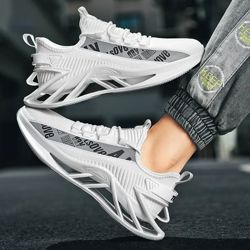 Men's solid colour casual exercise shoe with fly woven mesh upper and embroidery detail