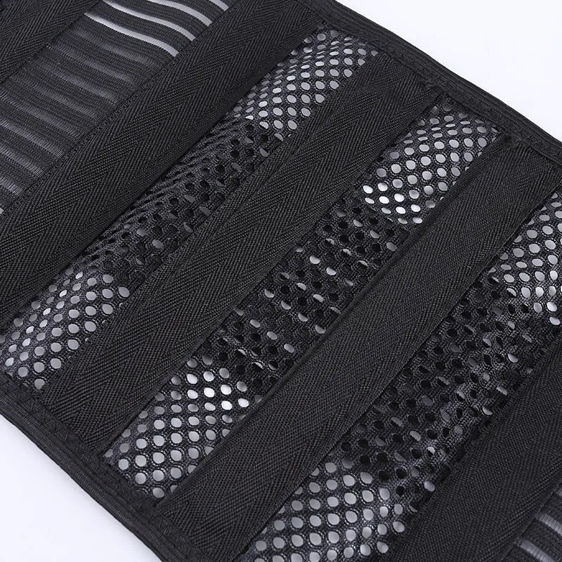 Black sports waist support belt with steel plate insert for lumbar protection during fitness activities