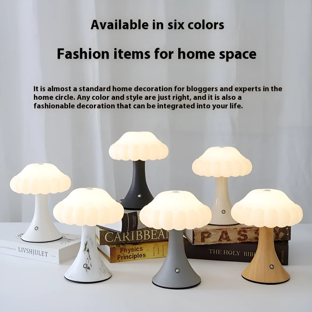 Small mushroom-shaped touch sensor night light showing USB charging port and woodgrain colour finish.