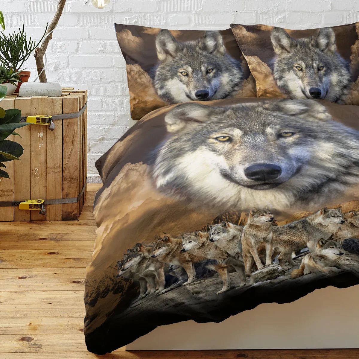 3 piece Wolf Pack duvet set in brown with 3D printed wolf design, microfiber comforter and two pillow shams