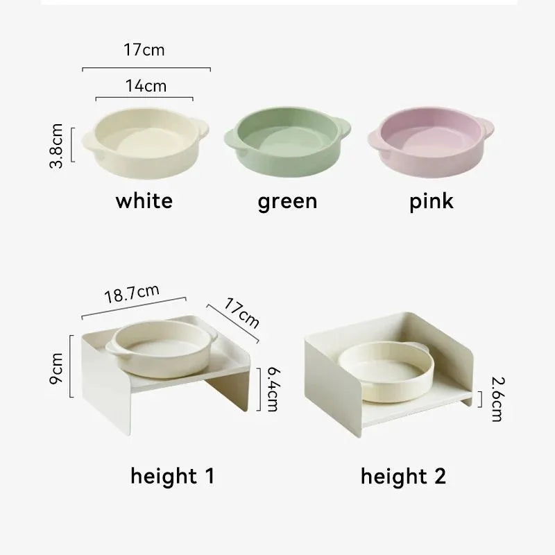 Raised metal pet bowl with ceramic base, green colour, for cat or dog feeding