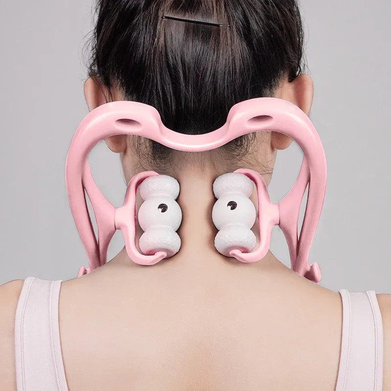 Blue handheld neck massager roller with 96 pressure points showing ergonomic curved design.