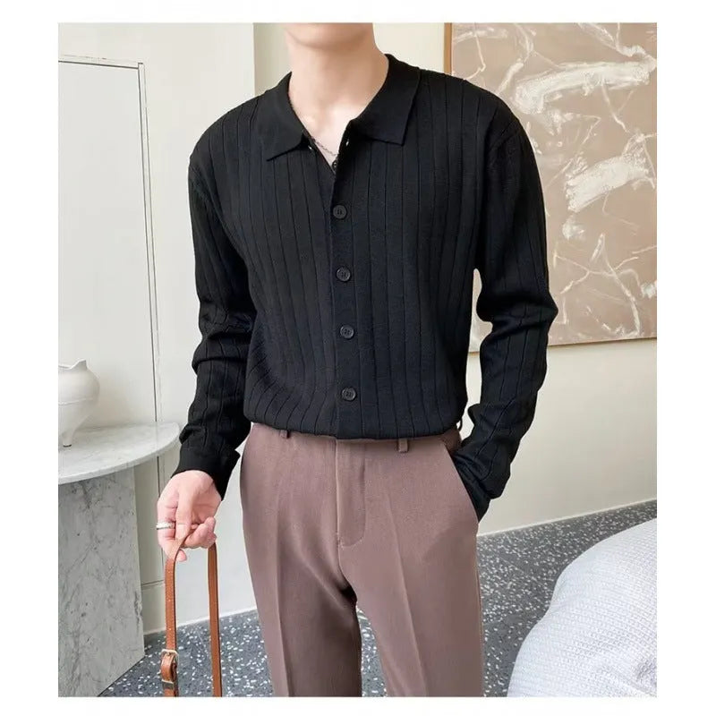 Men's loose lapel cardigan sweater in chenille cotton, available in black, gray, green, white, sizes M to 3XL