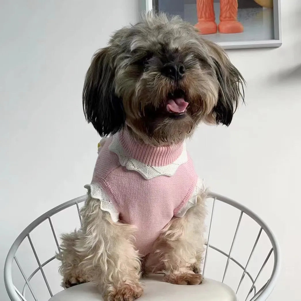 Green fleece pet sweater with flower blossom pattern showing size chart for dogs and cats.