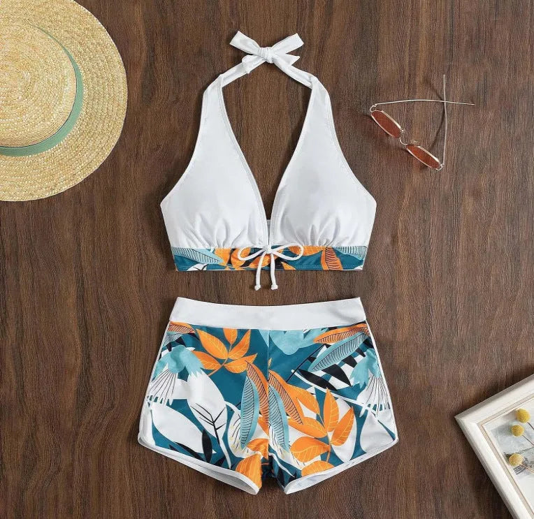 Women's solid colour top leaf print boxers swimsuit set in white, backless briefs, polyester
