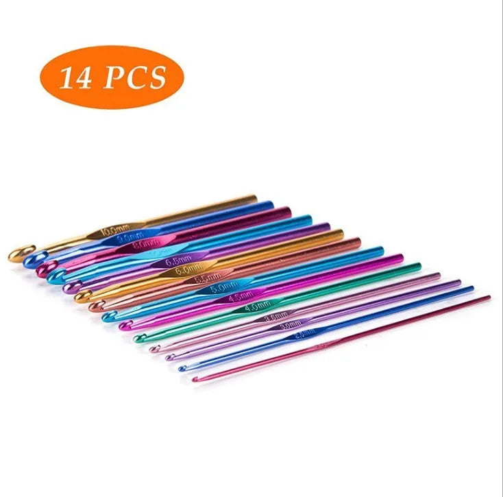Colored aluminum alloy oxidation crochet set with 14 pieces of aluminium hooks