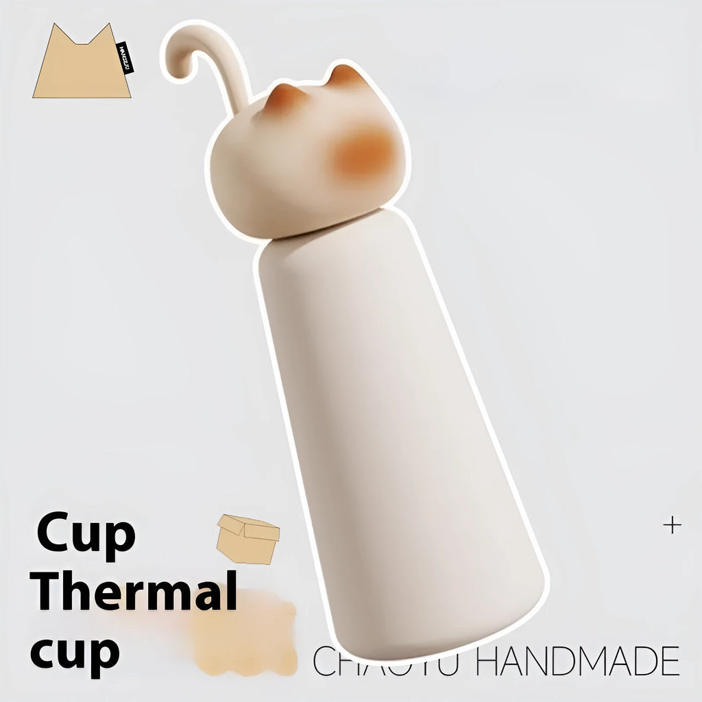Beige cat shape portable thermos cup with 316 stainless steel liner and 201 stainless steel shell