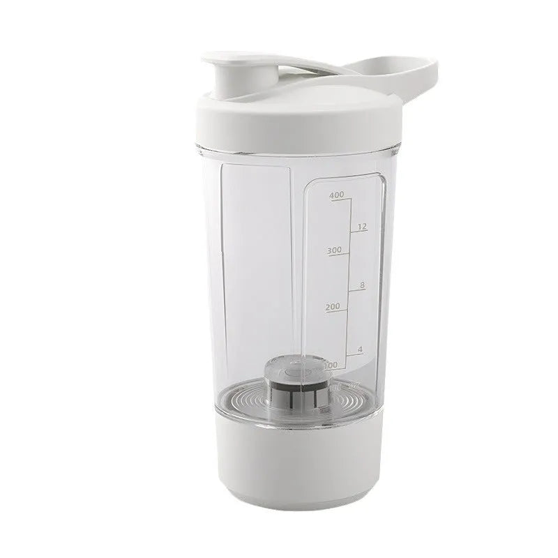 400ml electric protein shaker bottle in black with white lid and USB charging cable on a grey surface