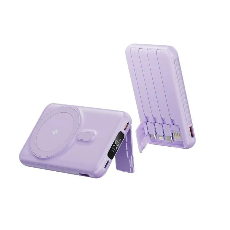 Magnetic wireless power bank with 10000mAh plastic shell in dark blue, purple, and white colours showing compact size