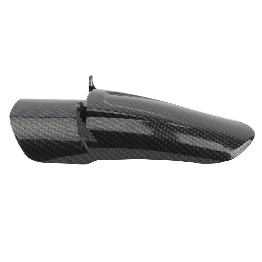 Carbon fibre rear shock absorber fender for a light bee scrambling motorcycle.