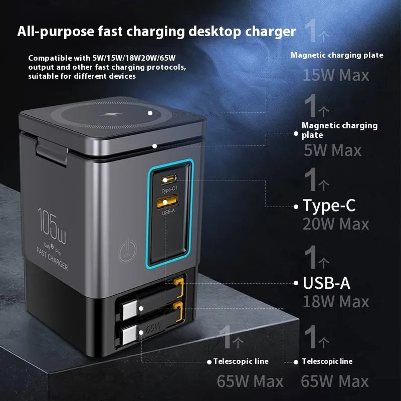 105W Gallium Nitride magnetic wireless charger in black with UK plug, universal travel charger