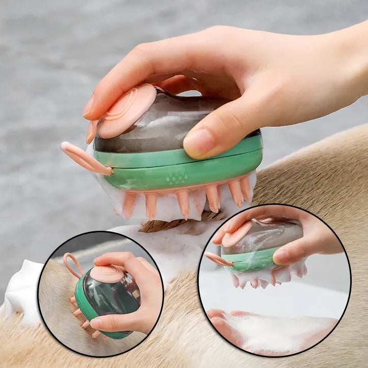 Blue pet bath brush and shampoo dispenser with soft silicone bristles and a hang hole