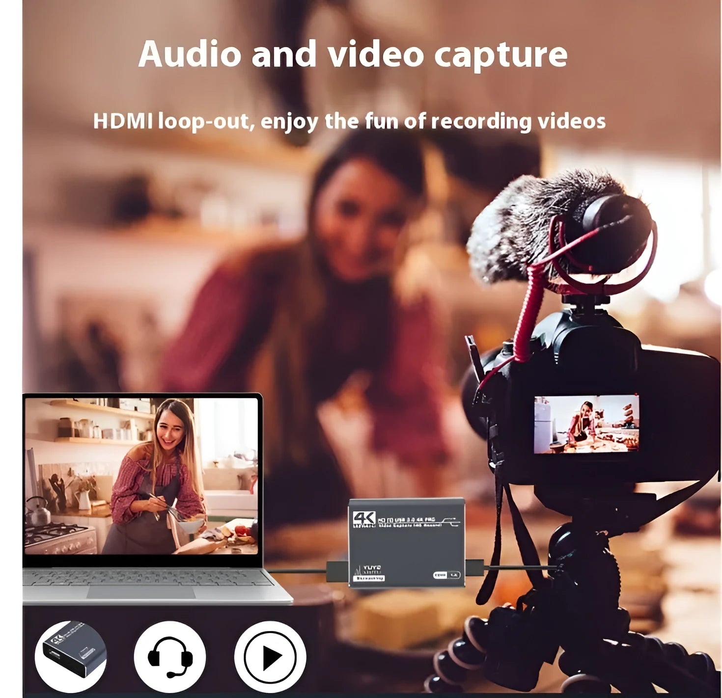 Black 4K gaming set-top box with audio recording and MS2131 chip