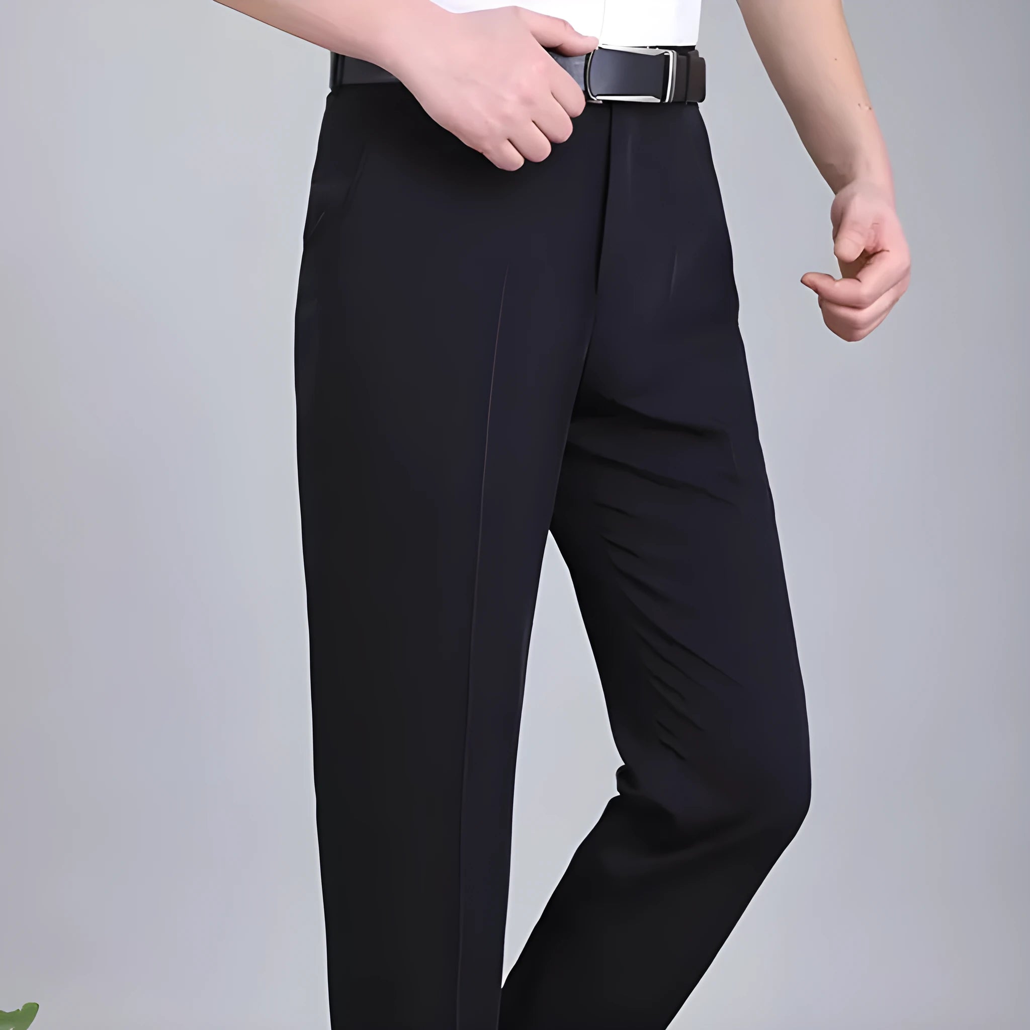 Men's straight leg business trousers in a mulberry silk blend fabric, shown in a dark blue colour.